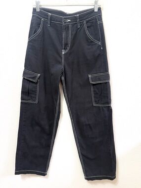 H&M Black Cargo Pants High Waist Contrast Stitch Straight Leg Size 2